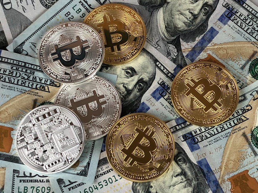 Close-up of bitcoins and US dollar bills symbolizing modern finance and cryptocurrency
